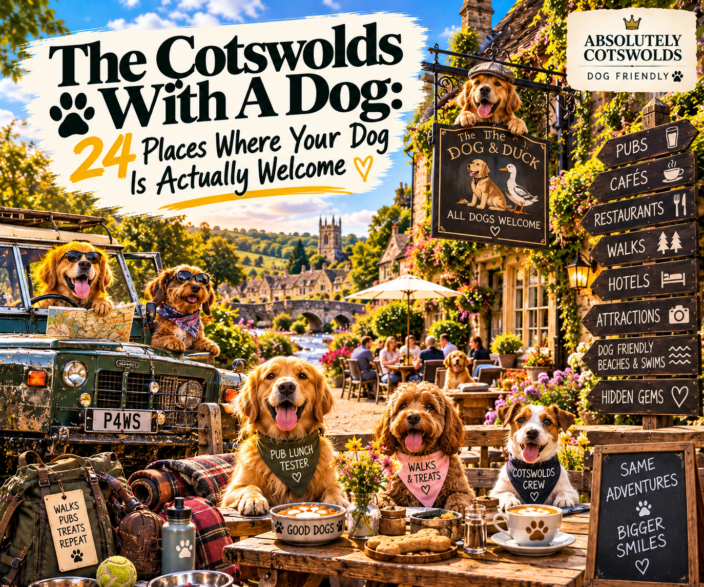 The Cotswolds with a dog: dogs in bandanas ready for a village pub lunch beside a Land Rover and a signpost to pubs, cafés, restaurants, walks and hotels