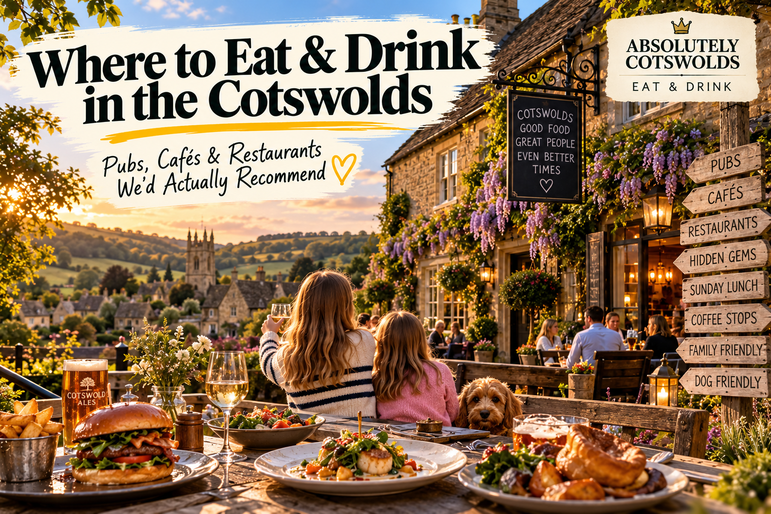 Two girls enjoying golden-hour drinks and food outside a Cotswold pub, with signposts to pubs, cafés and restaurants