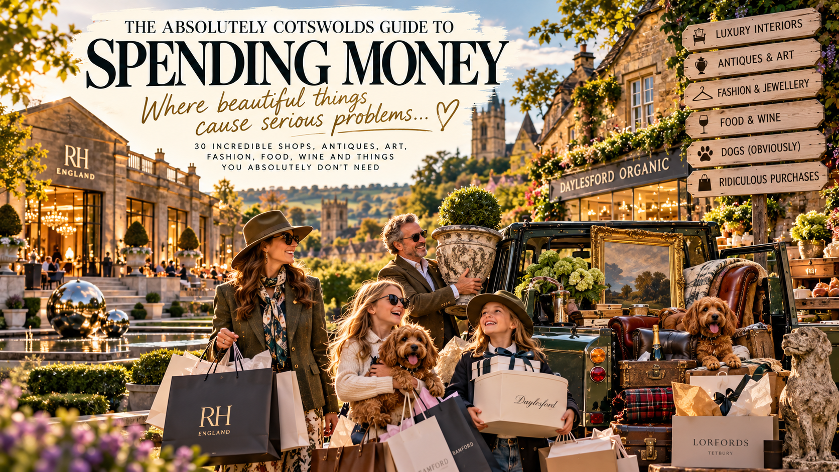 The Absolutely Cotswolds Guide to Spending Money, featuring luxury shops, antiques, art, fashion, food and dogs