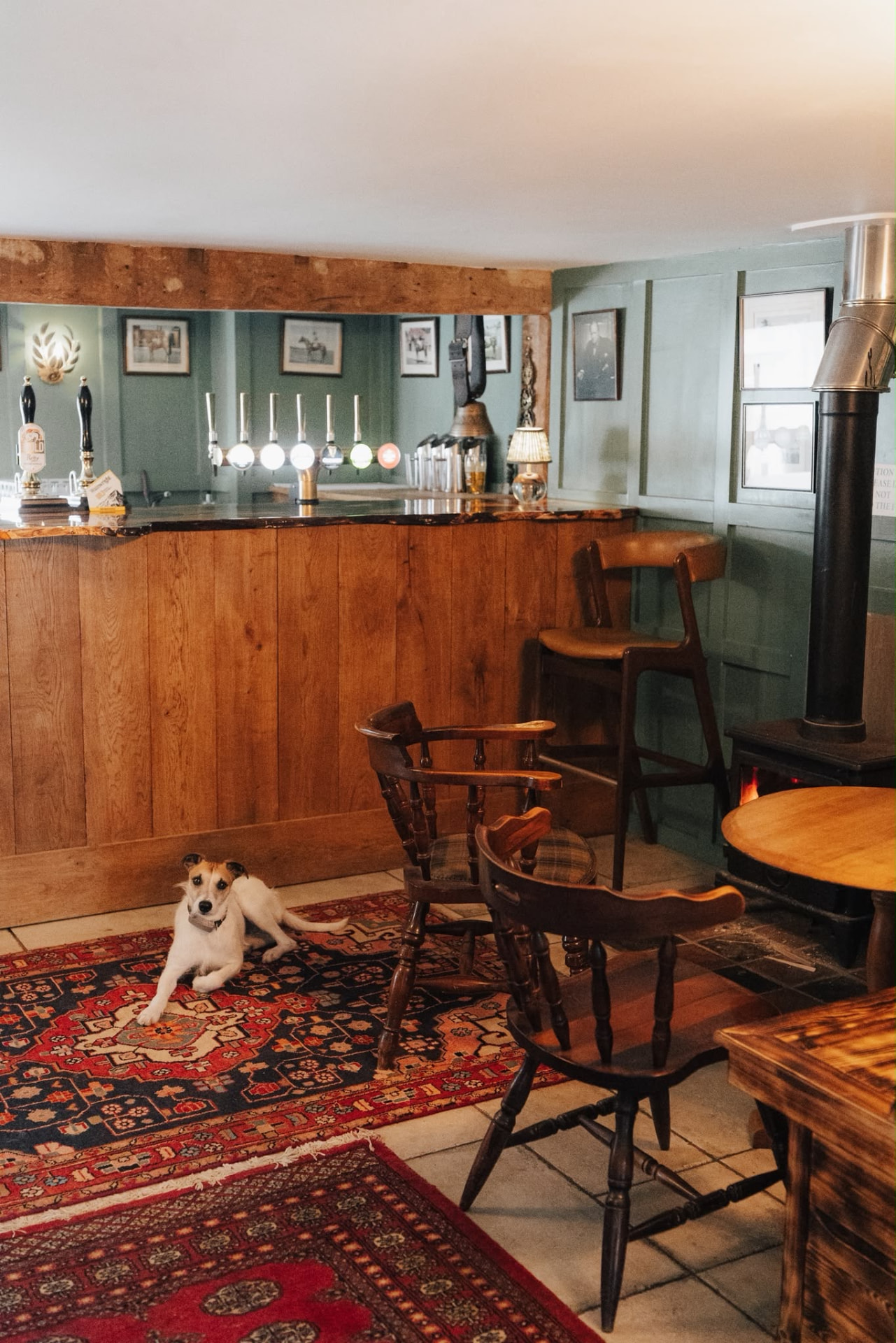 A dog resting beside the bar and wood burner at The Duke of Cumberlands Head
