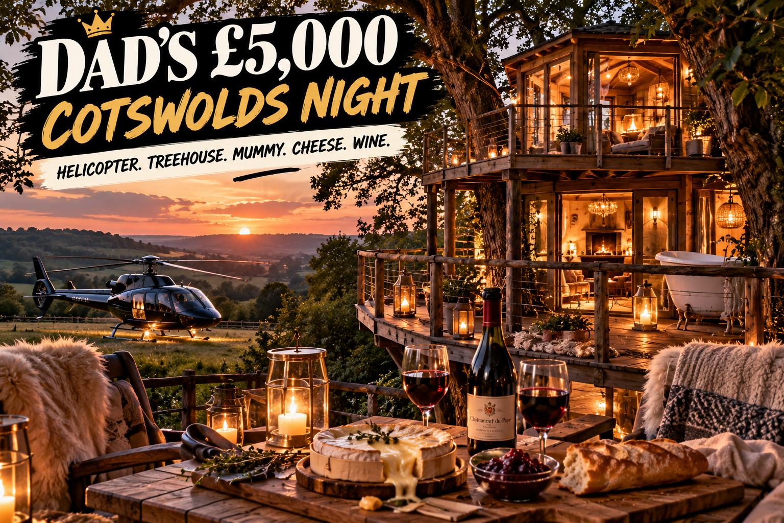 A Tree House, A Helicopter , Cheese, Wine & Mummy